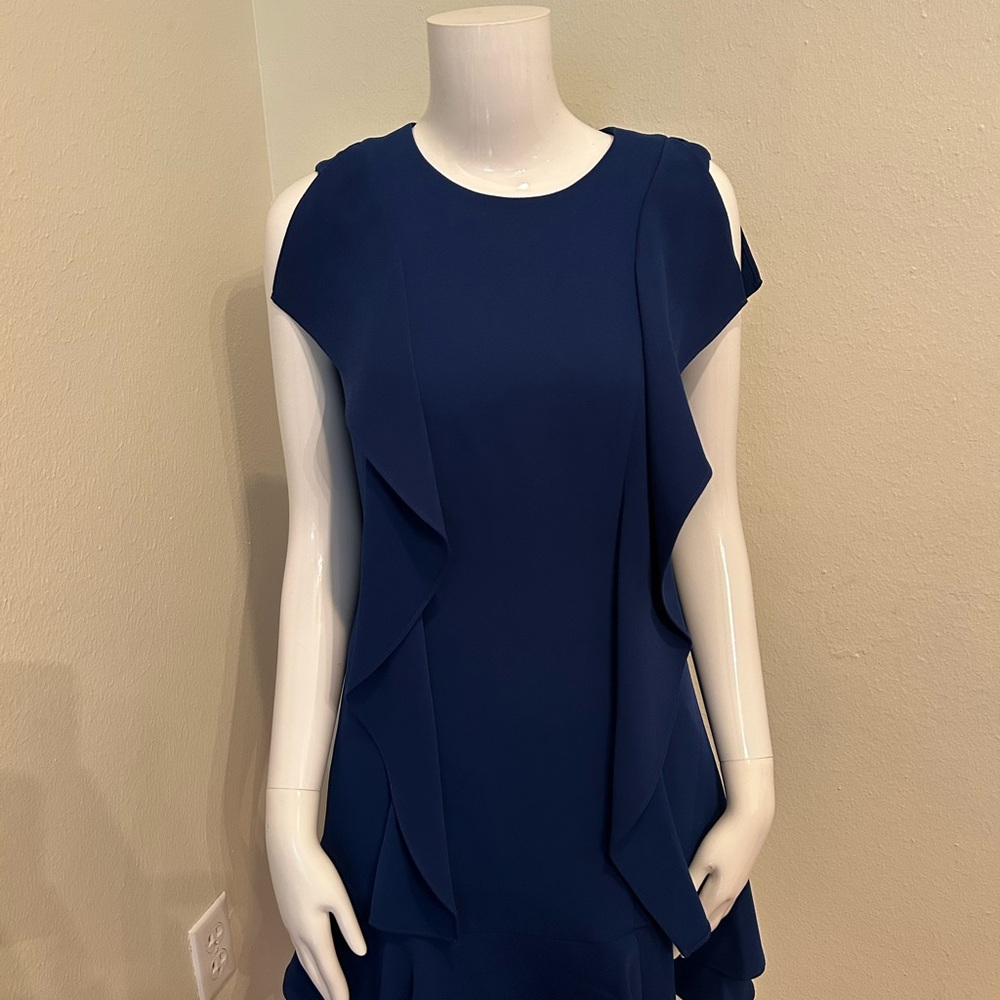 BCBGMaxAzria Blue Asymmetrical Ruffled Sheath Dress